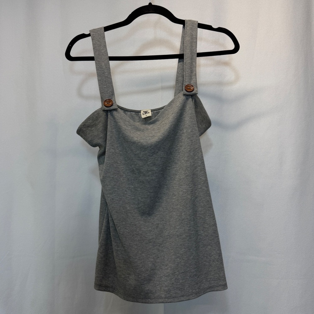 Sew In Love Tank Top Women Medium Gray Ribbed Button Detail Square Neck